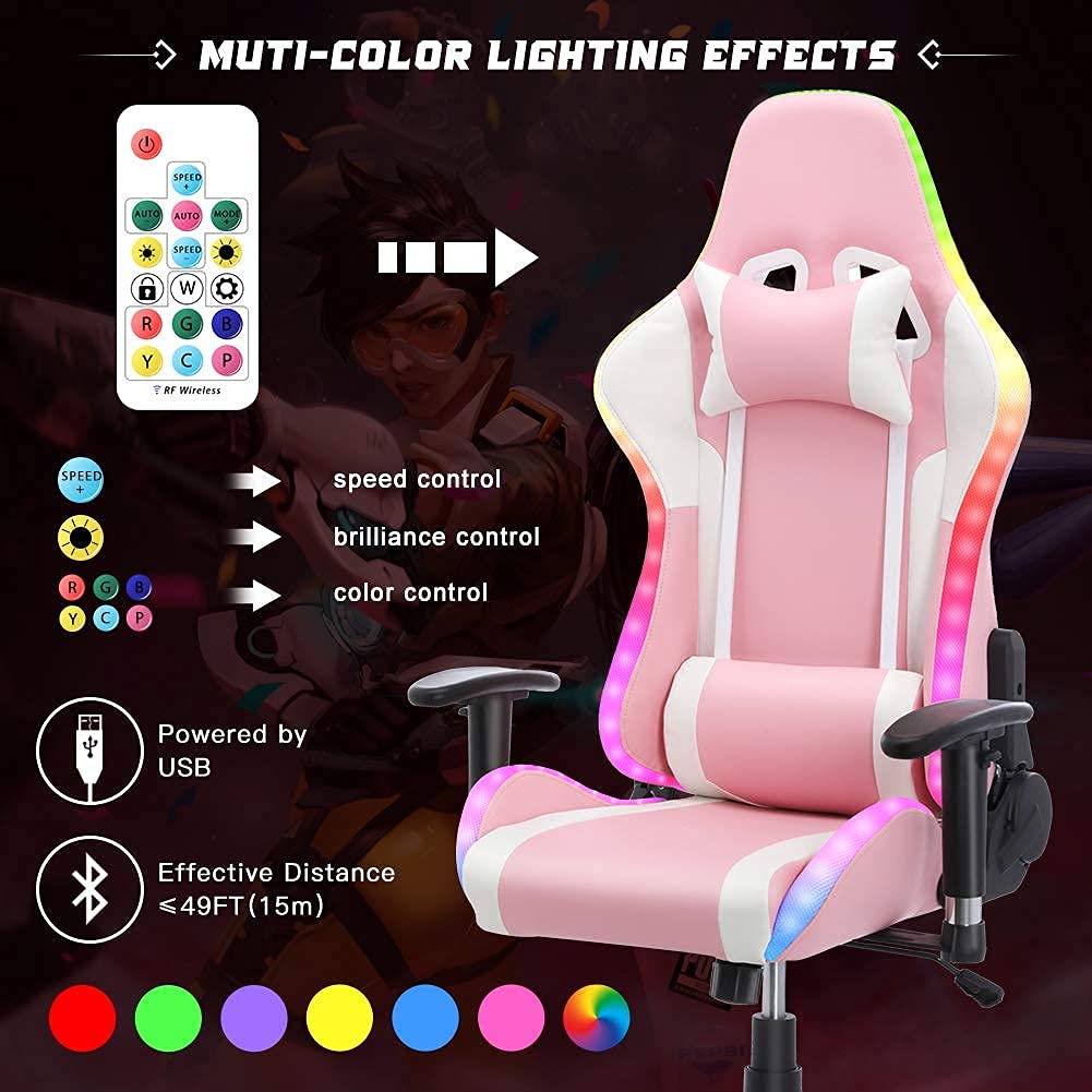 Gaming Chair with Bluetooth Speakers RGB LED Lights, Music Video Game Chair, Ergonomic PU Leather High Back Computer Chair, Adjustable Reclining Racing Office Swivel Chair for Adult Teens, Pink