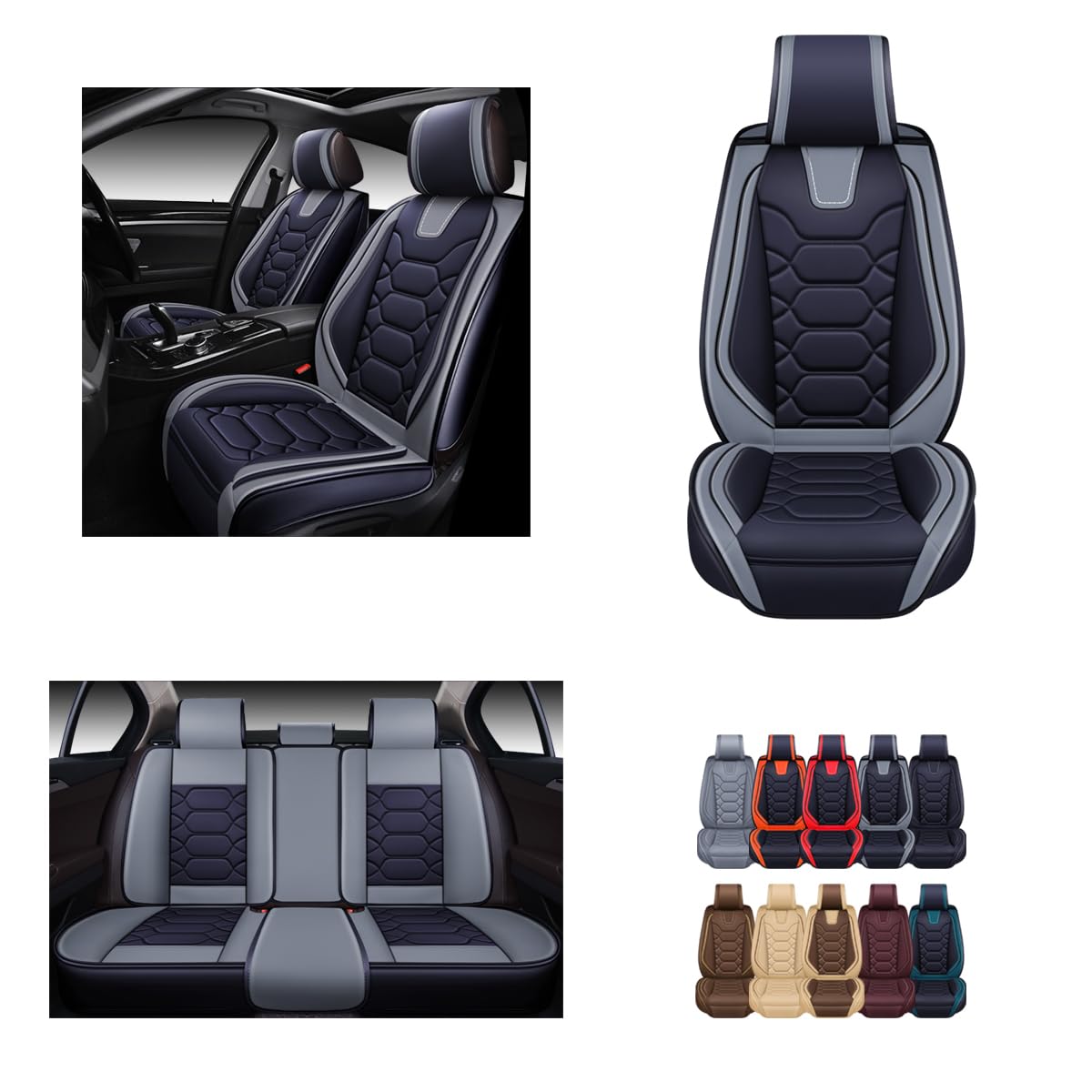 OASIS AUTO Car Seat Covers Premium Waterproof Faux Leather Cushion Universal Accessories Fit SUV Truck Sedan Automotive Vehicle Auto Interior Protector Full Set (OS-004 Black&Gray)