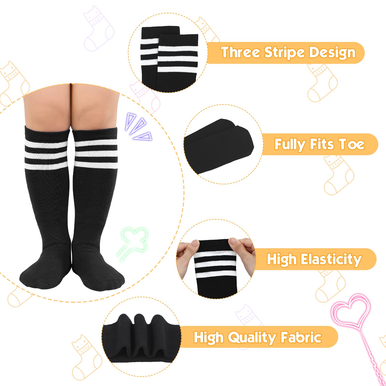 American Trend Kids Socks Knee High Uniform Sports Soccer Socks Stripes Tube Socks for Child Boys Girls 1 Pack Black & White