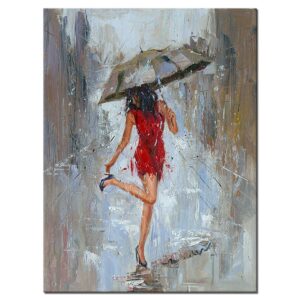 abstract canvas print rain modern wall art painting girl umbrella with red dress walking in street figure artwork
