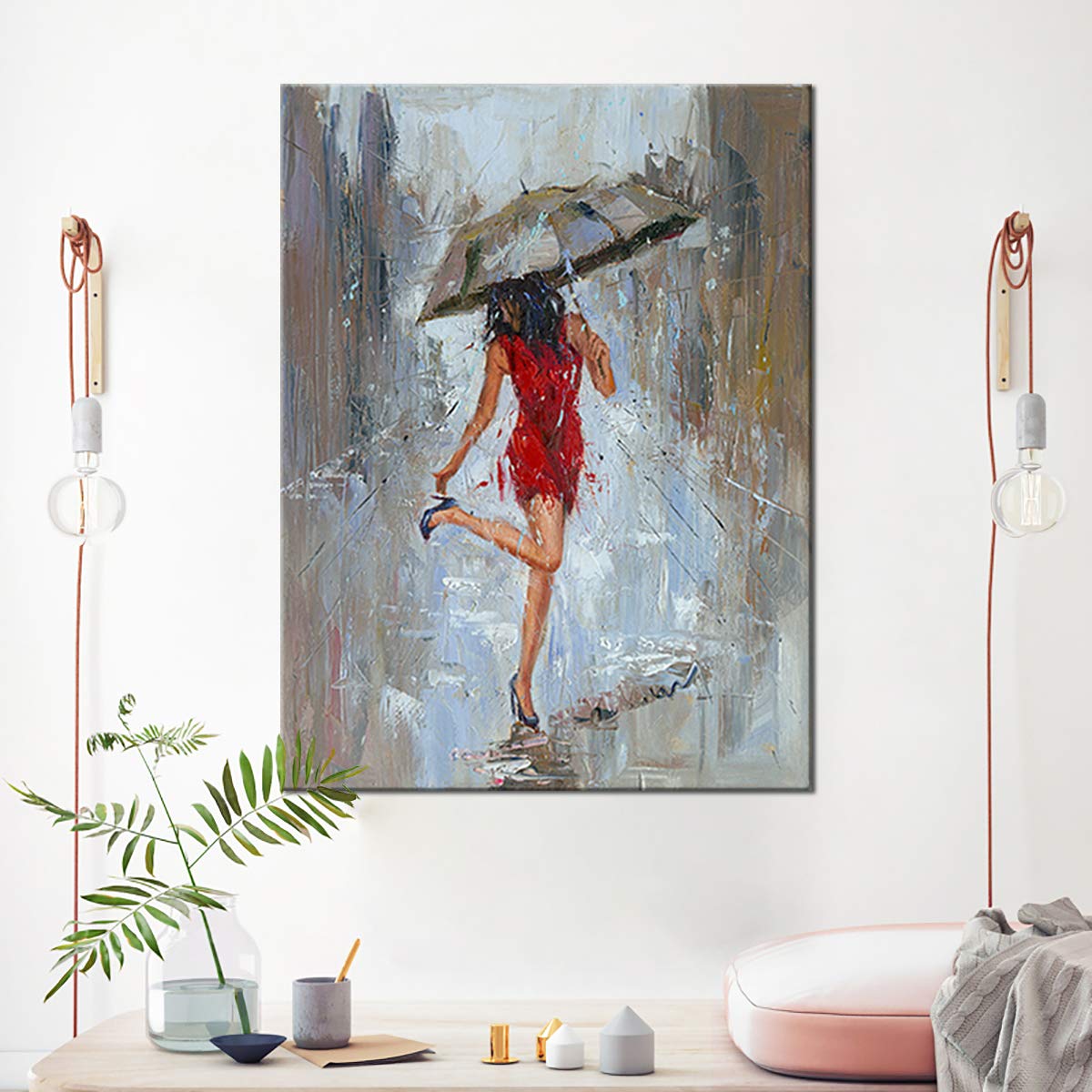 Abstract Canvas Print Rain Modern Wall Art Painting Girl Umbrella with Red Dress Walking in Street Figure Artwork