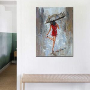 Abstract Canvas Print Rain Modern Wall Art Painting Girl Umbrella with Red Dress Walking in Street Figure Artwork