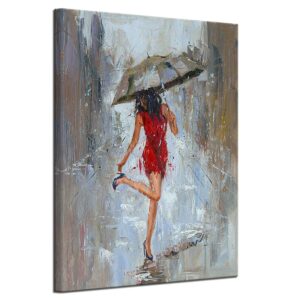 Abstract Canvas Print Rain Modern Wall Art Painting Girl Umbrella with Red Dress Walking in Street Figure Artwork