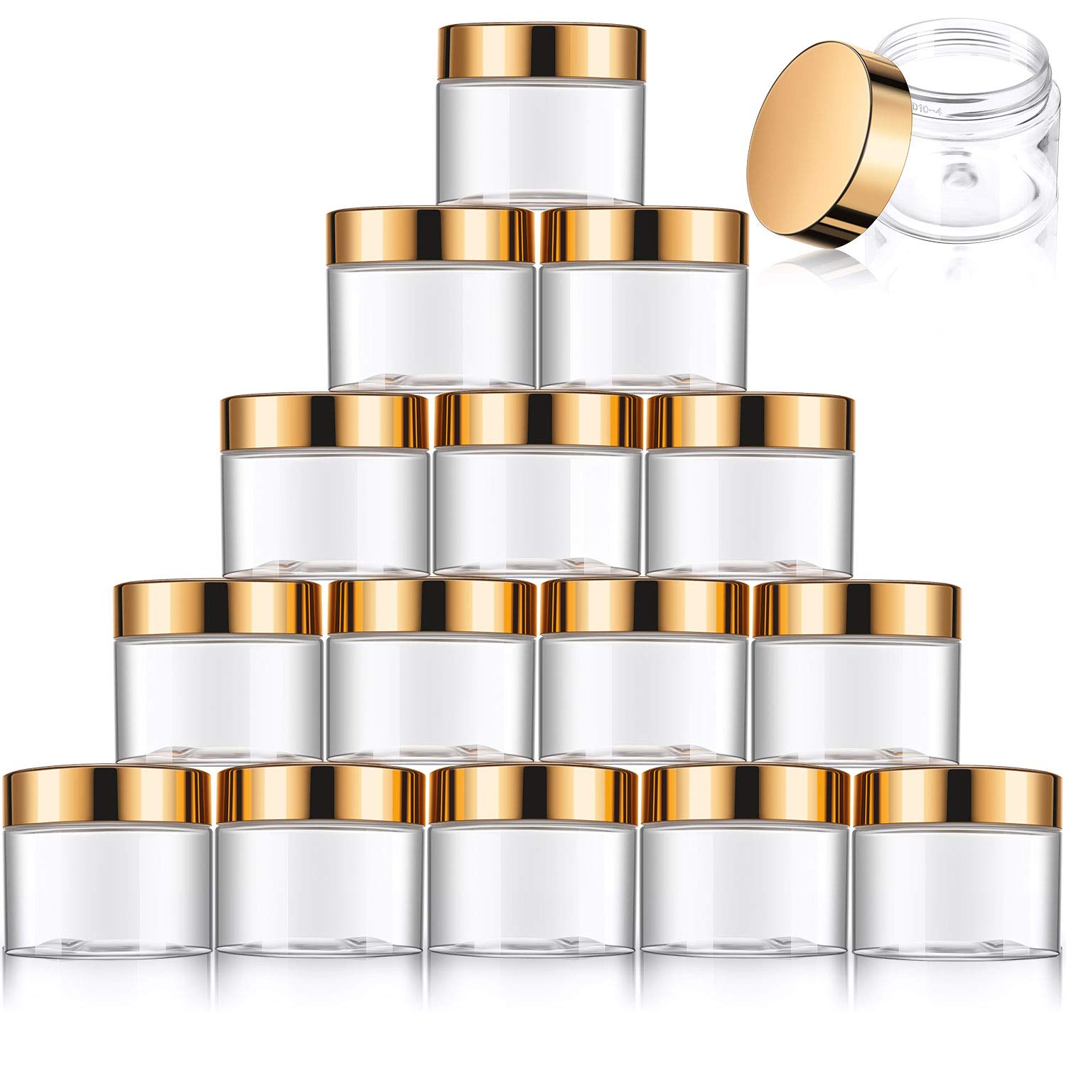 16 Pieces 60 ml/ 2 oz Round Clear Leak Proof Plastic Container Jars with Lids Plastic Jars Empty Storage Containers Refillable Storage Favor Jars for Travel Cosmetic Lotion Creams (Gold)