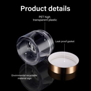 16 Pieces 60 ml/ 2 oz Round Clear Leak Proof Plastic Container Jars with Lids Plastic Jars Empty Storage Containers Refillable Storage Favor Jars for Travel Cosmetic Lotion Creams (Gold)