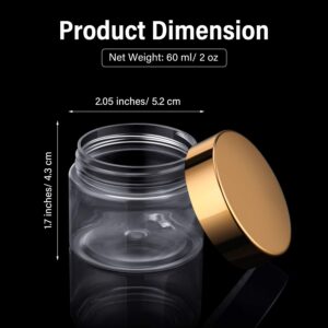 16 Pieces 60 ml/ 2 oz Round Clear Leak Proof Plastic Container Jars with Lids Plastic Jars Empty Storage Containers Refillable Storage Favor Jars for Travel Cosmetic Lotion Creams (Gold)