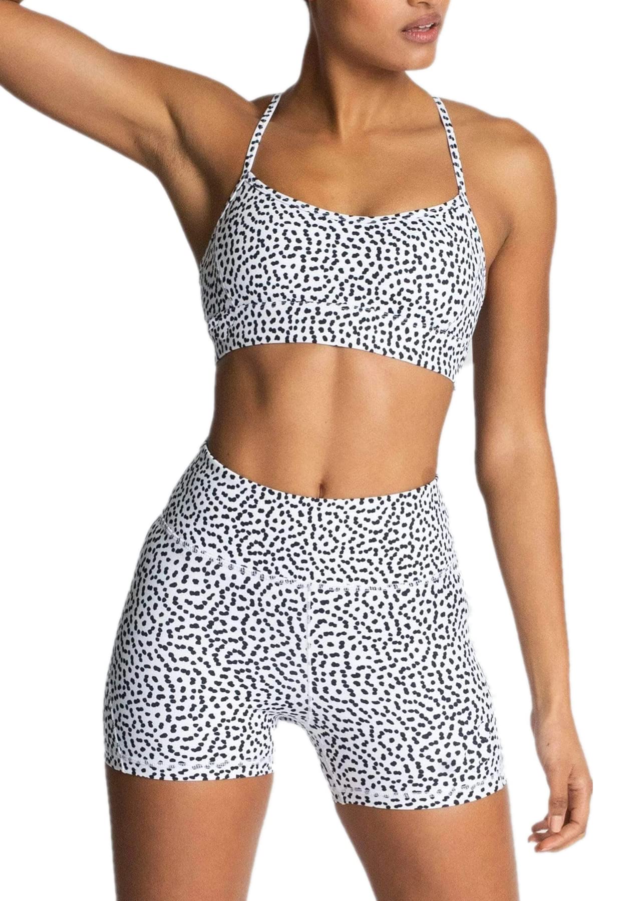 IWEMEK Women 2 Piece Tracksuits Yoga Outfits Seamless Slim Fit High Waisted Yoga Leggings Shorts + Adjustable Strap Sport Bra Workout Sets Exercise Running Gym Clothes White Polka Dots Small