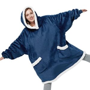 bedsure wearable blanket hoodie with sleeves - sherpa hooded blanket adult as gifts for mom women girlfriend, winter sweatshirt blanket standard navy