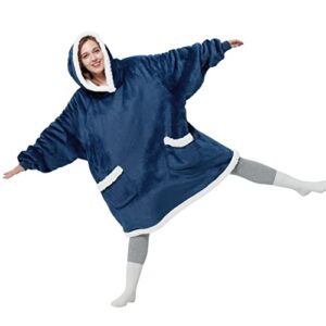 Bedsure Wearable Blanket Hoodie with Sleeves - Sherpa Hooded Blanket Adult as Gifts for Mom Women Girlfriend, Winter Sweatshirt Blanket Standard Navy