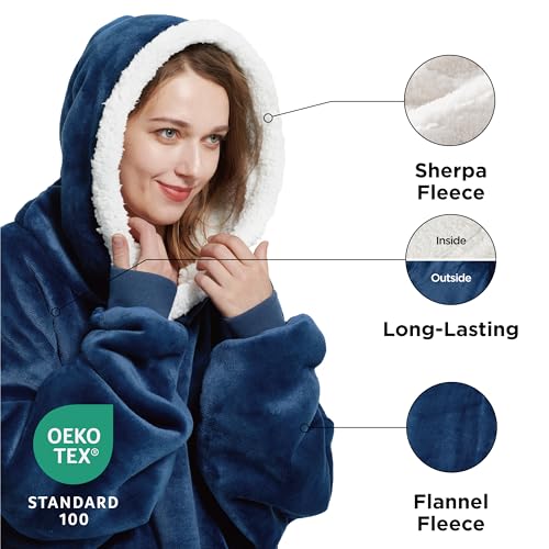 Bedsure Wearable Blanket Hoodie with Sleeves - Sherpa Hooded Blanket Adult as Gifts for Mom Women Girlfriend, Winter Sweatshirt Blanket Standard Navy