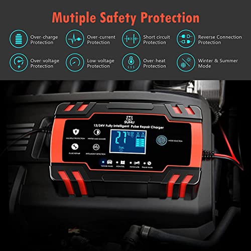 4 Modes Car Battery Charger, 24V/12V Battery Charger Automotive, 4A/8A LCD Battery Charger Switching Automatically from Fast Charging to Trickle Charging for AGM Lead-Acid Batteries