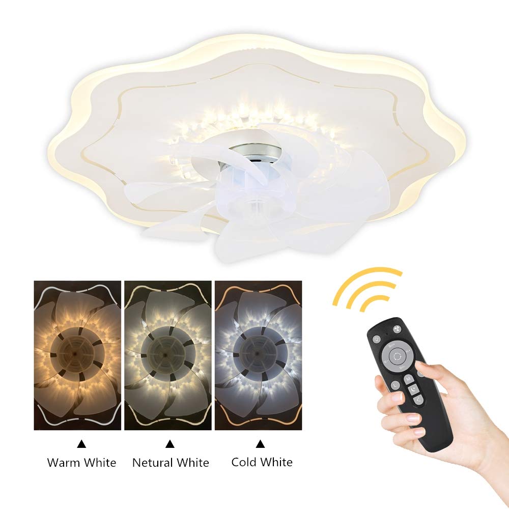 IYUNXI Led Ceiling Light Fan Flower-shaped 3-Color Dimmable Acrylic Multifunction Ceiling Light with Fan Adjustable Wind Speed Brightness with Remote Control 72W 18.5In for Bedroom,Living Room