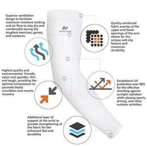 AetherGear Compression Arm Sleeve (2 pack) - Men and Women for Basketball, Volleyball, Tennis, Golf, Baseball, UV Protection (White)