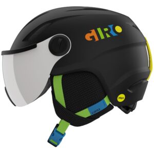 giro buzz mips toddler snowboard ski helmet w/integrated goggle shield/visor - matte black/party blocks - xs (48.5-52cm)