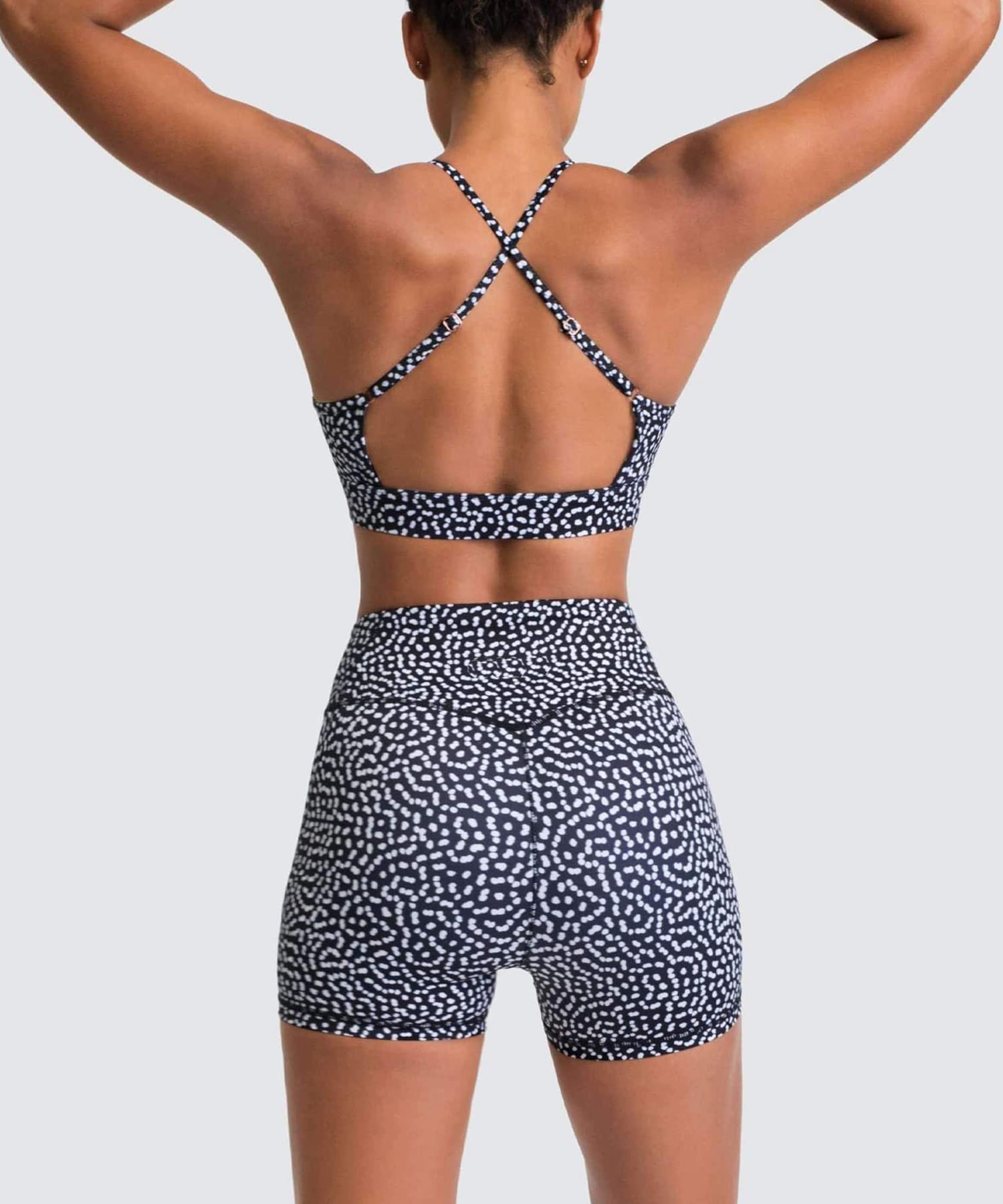 IWEMEK Women 2 Piece Workout Outfits Polka Dot Print High Wasit Biker Shorts + Backless Adjustable Sport Bra Sets Exercise Running Gym Clothes Black Polka Dots Small