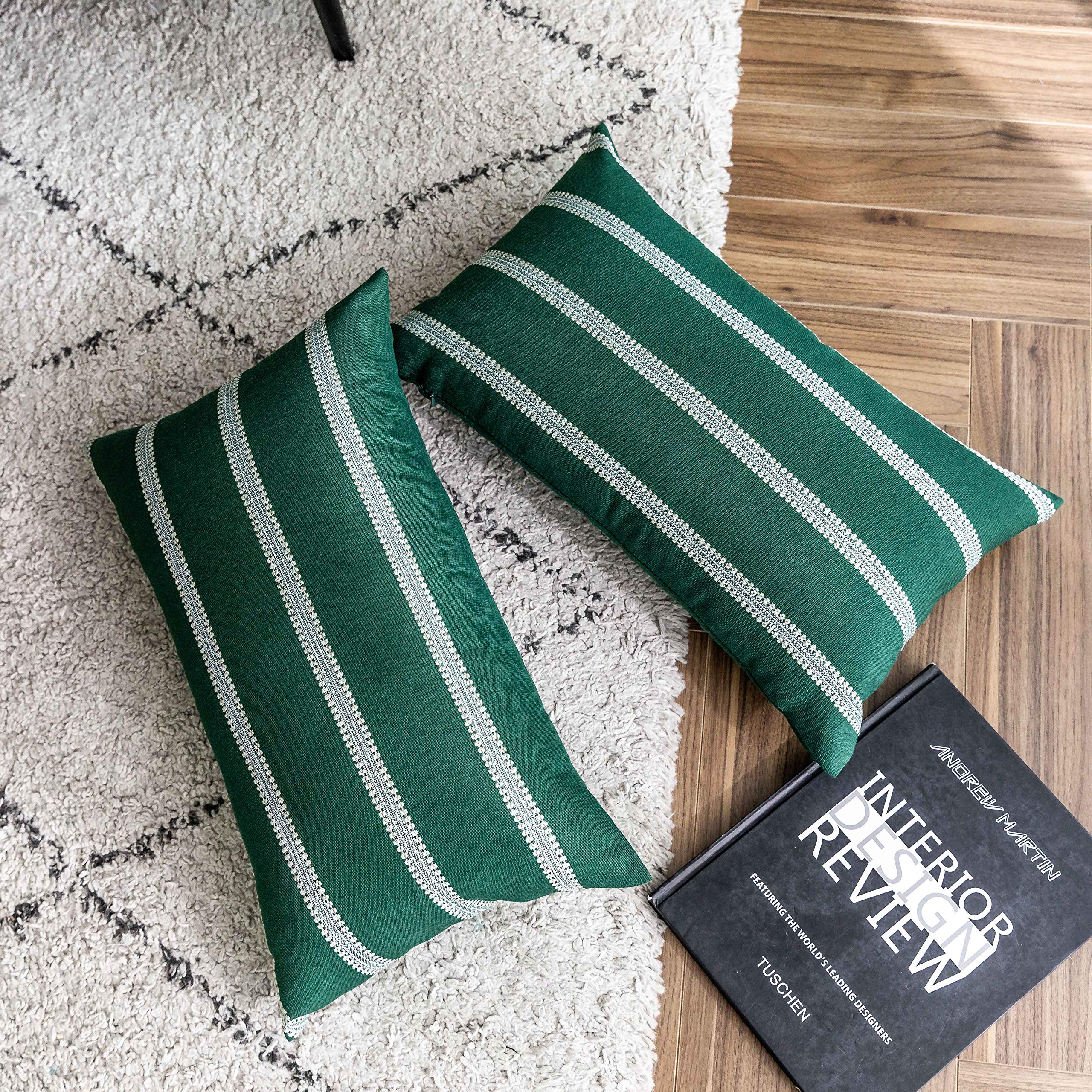 Home Brilliant Rectangular Throw Pillow Covers Striped Cotton Lumbar Accent Pillowcases for Couch Car Chair Women Holidays, 2 Pieces, 12x20 inches(30cm x 50cm), Green