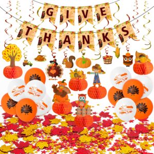 34 pieces thanksgiving party decorations set - fall give thanks banner autumn theme hanging swirls honeycomb paper balloons maple leaves confetti decor supplies cutouts