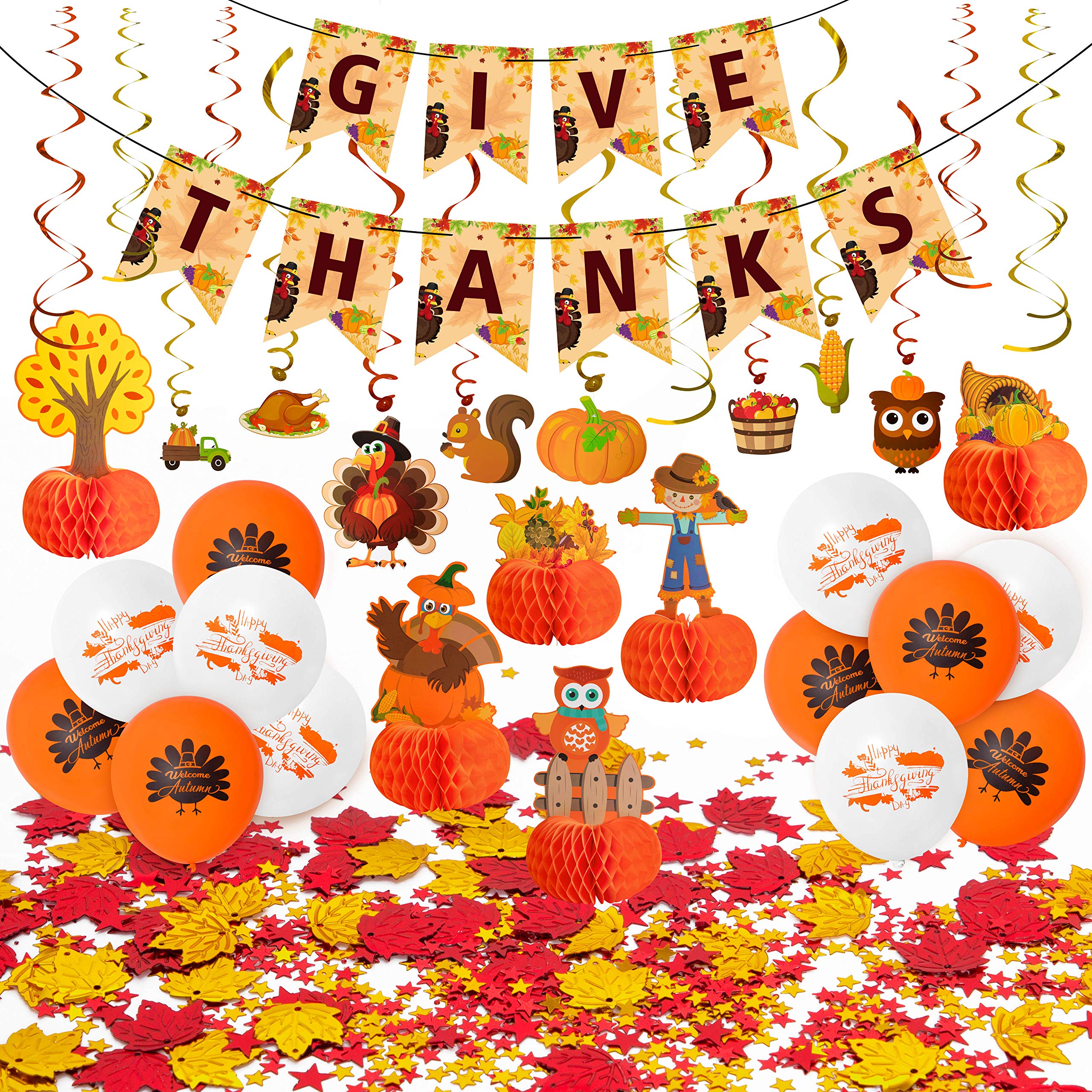 34 Pieces Thanksgiving Party Decorations Set - Fall GIVE THANKS Banner Autumn Theme Hanging Swirls Honeycomb Paper Balloons Maple Leaves Confetti Decor Supplies Cutouts