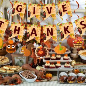 34 Pieces Thanksgiving Party Decorations Set - Fall GIVE THANKS Banner Autumn Theme Hanging Swirls Honeycomb Paper Balloons Maple Leaves Confetti Decor Supplies Cutouts