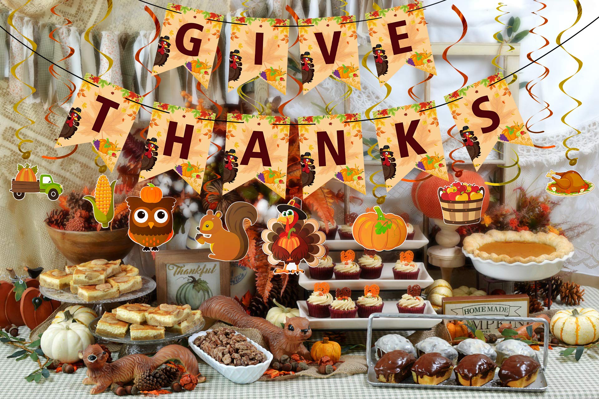 34 Pieces Thanksgiving Party Decorations Set - Fall GIVE THANKS Banner Autumn Theme Hanging Swirls Honeycomb Paper Balloons Maple Leaves Confetti Decor Supplies Cutouts