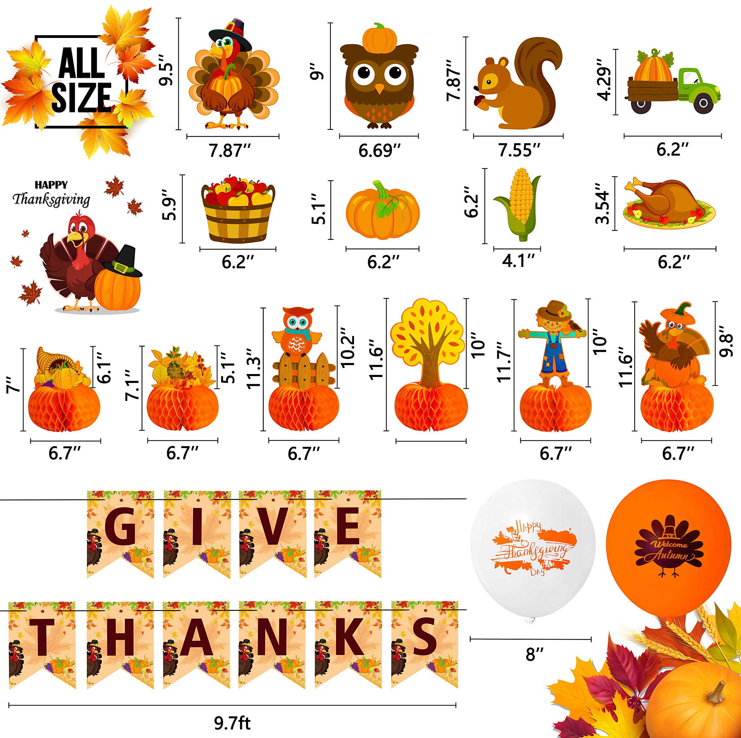 34 Pieces Thanksgiving Party Decorations Set - Fall GIVE THANKS Banner Autumn Theme Hanging Swirls Honeycomb Paper Balloons Maple Leaves Confetti Decor Supplies Cutouts