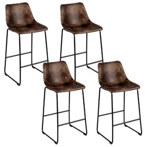 COSTWAY Set of 2 Bar Stools, Vintage Faux Suede Bar Stools, with Metal Legs, Back and Footrest, Upholstered Stools for Home Kitchen, Pub (Brown, 4)