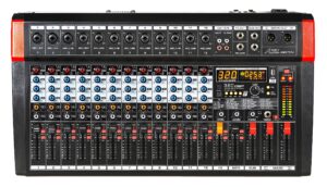 audio2000's amx7374 12-channel audio mixer with 320 dsp sound effects, stereo sub out with sub-out level-control fader, level-control faders on all channels, and usb/computer interface