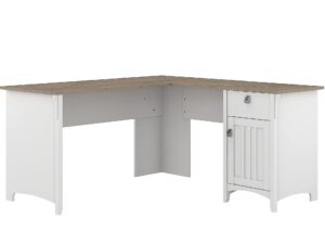 bush furniture salinas l-shaped desk with storage | study table with drawers & cabinets | home office computer desk in pure white and shiplap gray