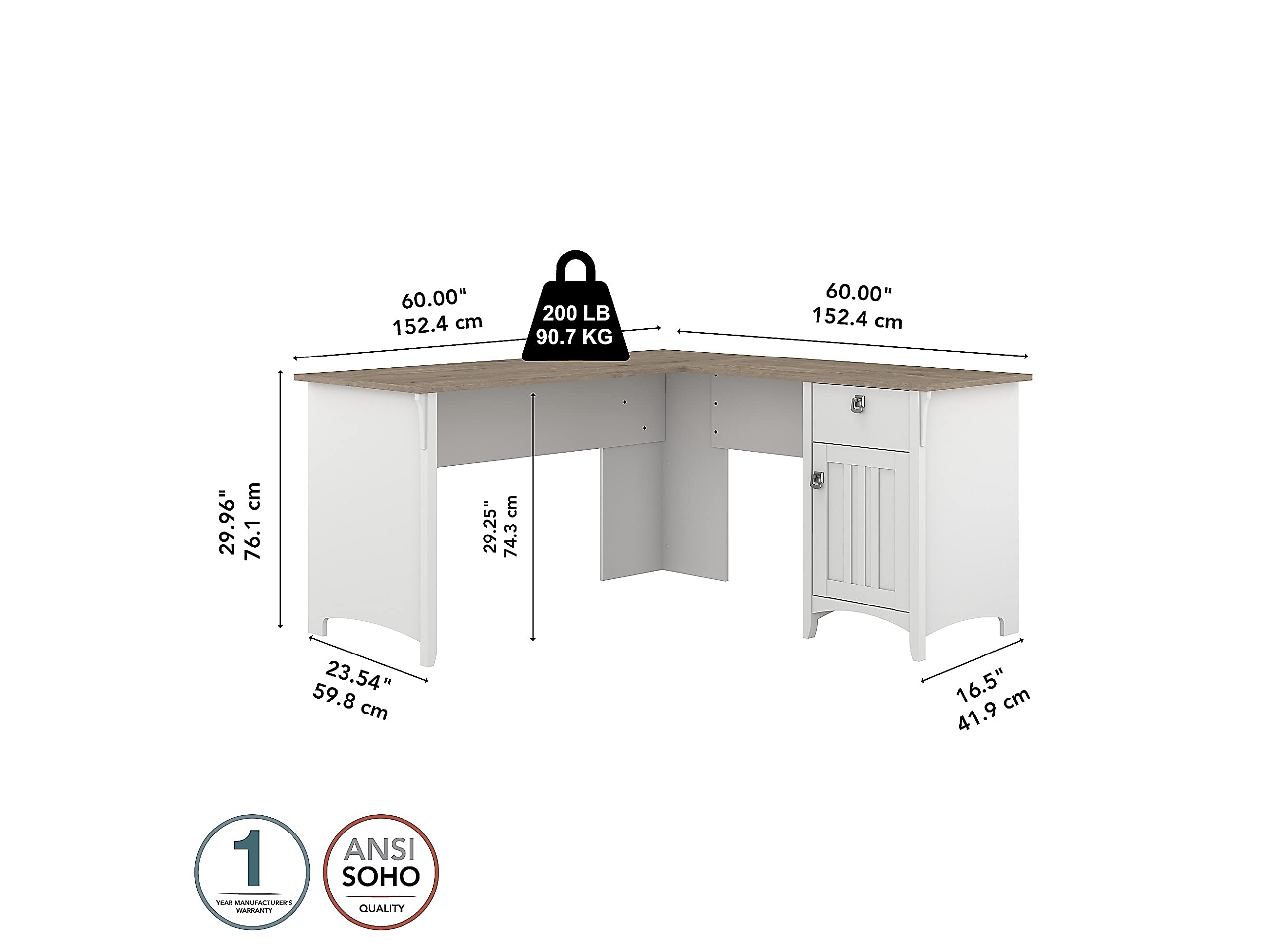 Bush Furniture Salinas L-Shaped Desk with Storage | Study Table with Drawers & Cabinets | Home Office Computer Desk in Pure White and Shiplap Gray