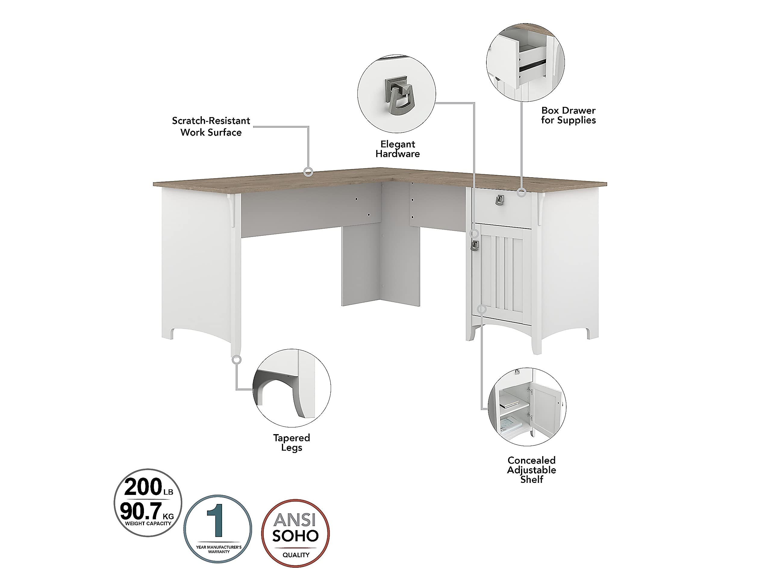 Bush Furniture Salinas L-Shaped Desk with Storage | Study Table with Drawers & Cabinets | Home Office Computer Desk in Pure White and Shiplap Gray