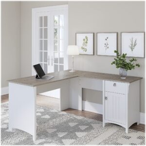 Bush Furniture Salinas L-Shaped Desk with Storage | Study Table with Drawers & Cabinets | Home Office Computer Desk in Pure White and Shiplap Gray