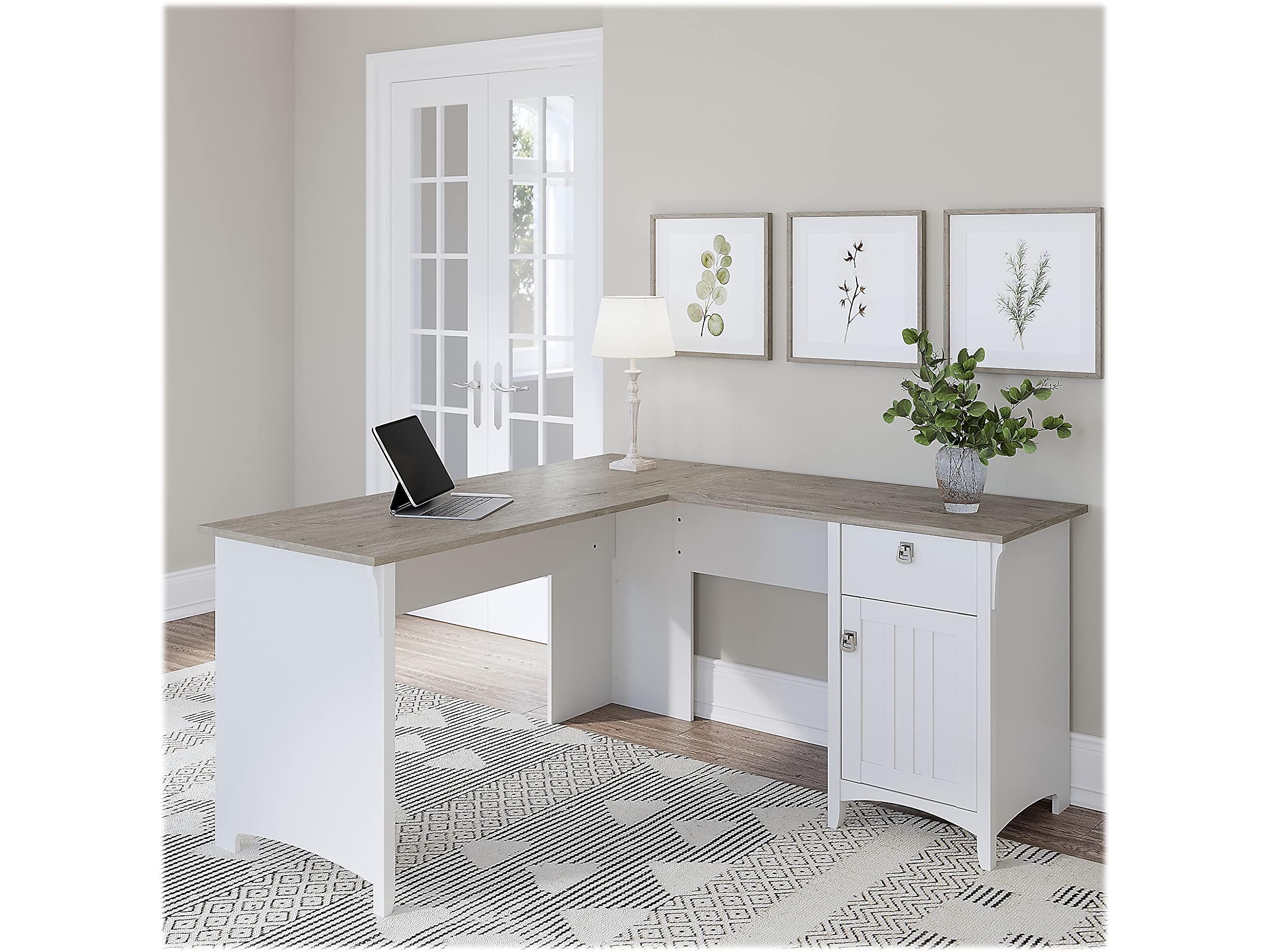 Bush Furniture Salinas L-Shaped Desk with Storage | Study Table with Drawers & Cabinets | Home Office Computer Desk in Pure White and Shiplap Gray