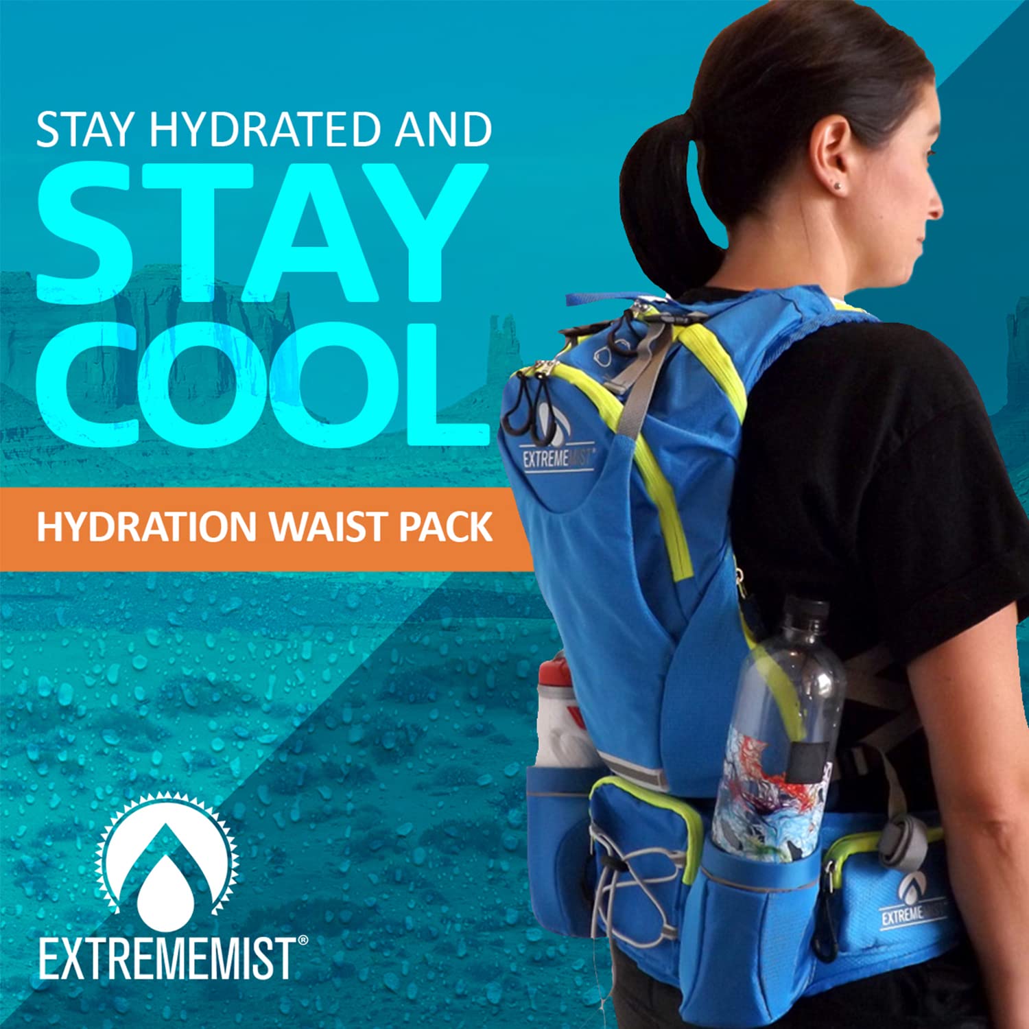 ExtremeMIST Detachable Hydration Waist Pack - Water Bottle Holder Fanny Pack | Belt with 2 Bottle Holders| Zipper Storage Pockets| Perfect for Climbing, Running, Cycling, Jogging, Hiking (Blue, Large)