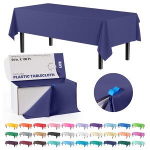 exquisite 54 inch x 100 feet navy plastic table cover roll in a cut - to - size box with convenient slide cutter. cuts up to 12 rectangle 8 feet plastic disposable tablecloths