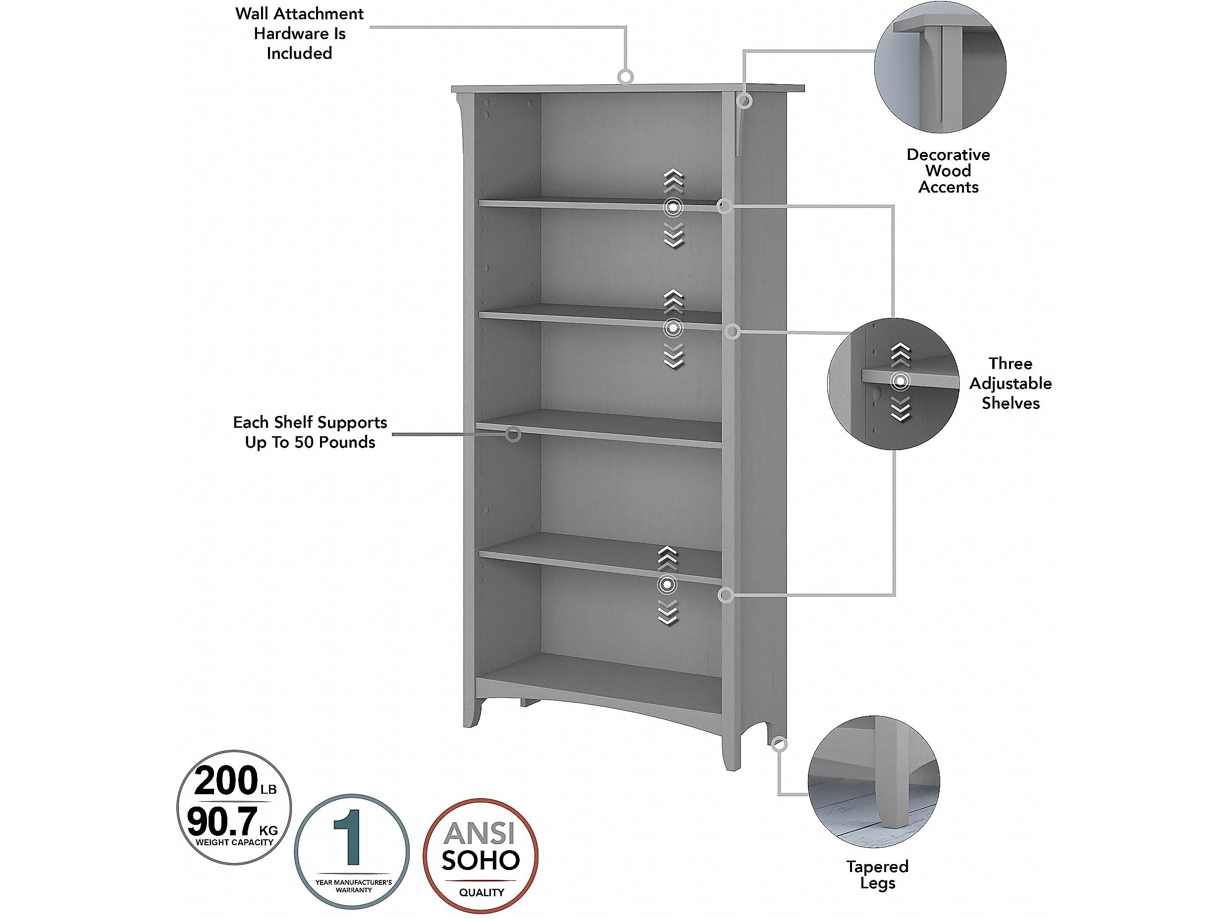 Salinas 5-Shelf 63-Inch H Tall Bookcase, Cape Cod Gray, 2/Set