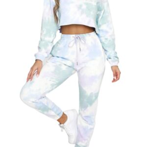 WephuPSho Women's 2 Piece Tracksuits Outfit Set Tie Dye Round Neck Long Sleeve Crop Top+ Trousers Casual Fall Clothes Sports Sweatsuit (Light green, S)