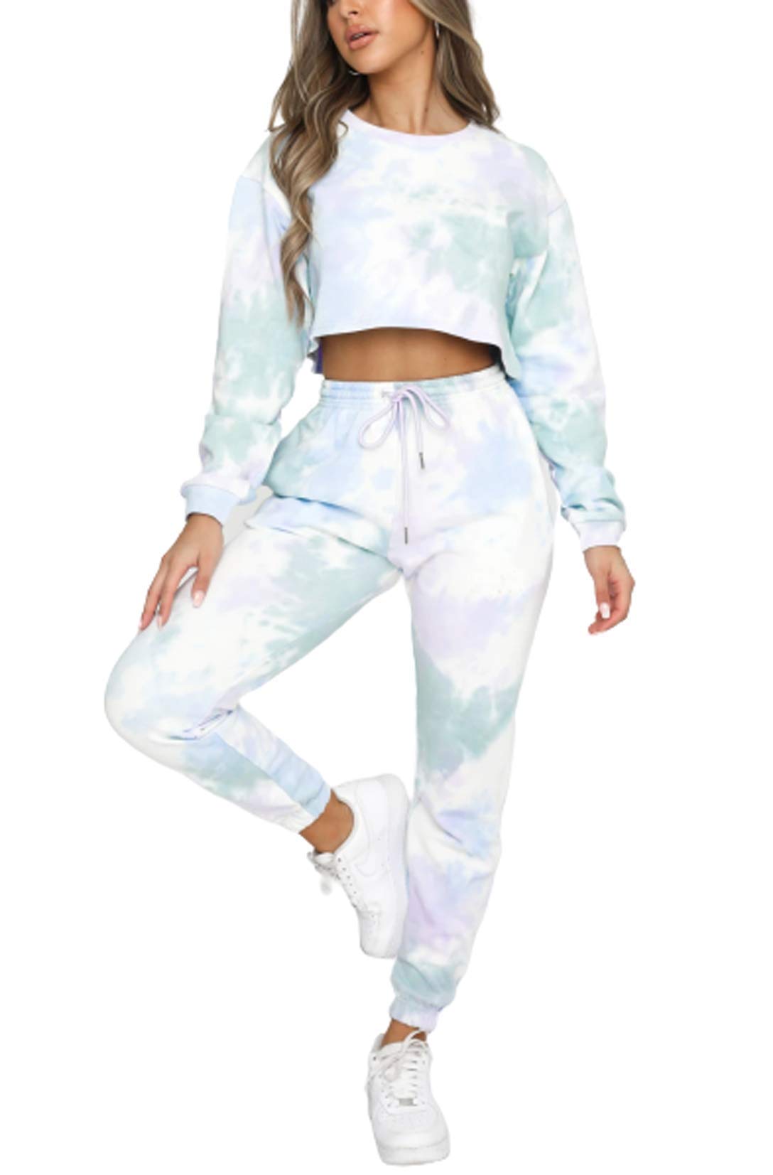 WephuPSho Women's 2 Piece Tracksuits Outfit Set Tie Dye Round Neck Long Sleeve Crop Top+ Trousers Casual Fall Clothes Sports Sweatsuit (Light green, S)