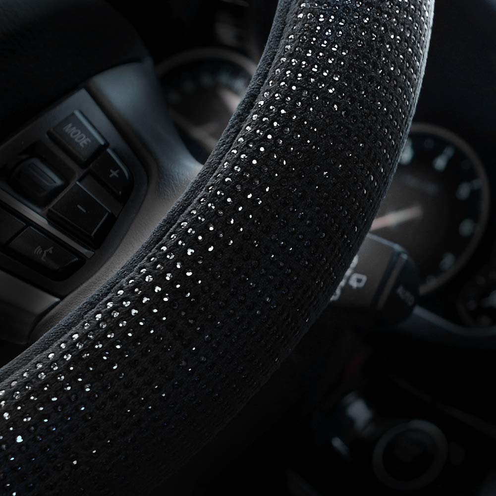 Valleycomfy Steering Wheel Cover for Women Men Bling Bling Crystal Diamond Sparkling Car SUV Wheel Protector Universal Fit 15 Inch (Black with Black Diamond, Standard Size(14" 1/2-15" 1/4))