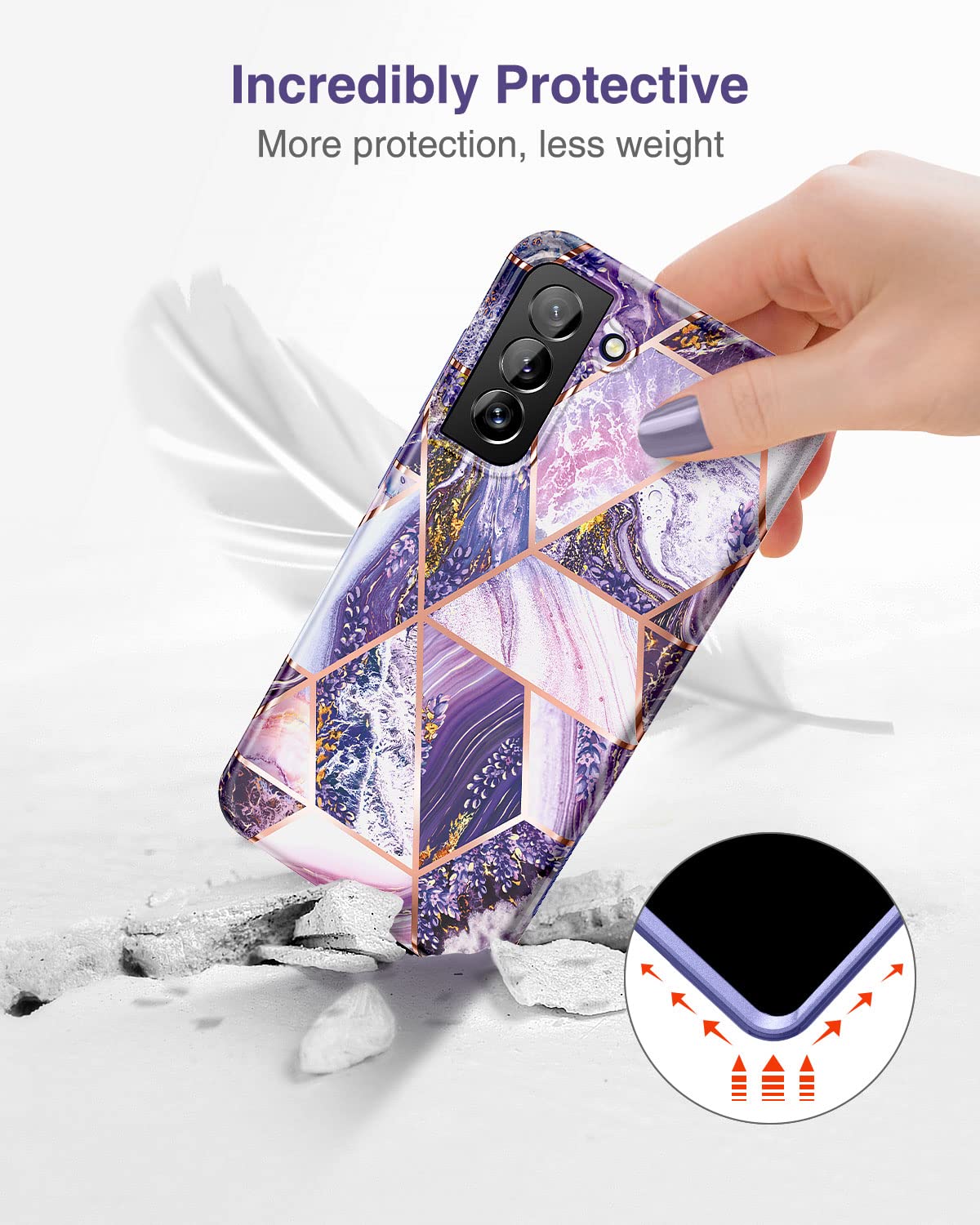 SURITCH Marble Case for Samsung Galaxy S21 FE, [Built-in Screen Protector] Full-Body Protection Shockproof Rugged Silicone TPU Bumper Protective Cover for Galaxy S21 FE 5G 6.4 Inch (Purple Lavender)