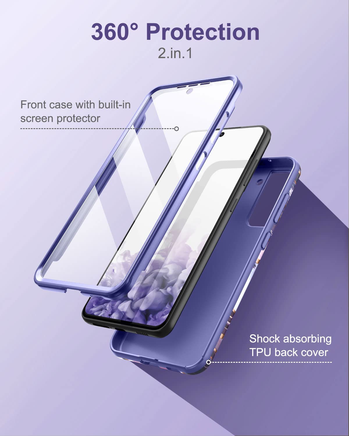 SURITCH Marble Case for Samsung Galaxy S21 FE, [Built-in Screen Protector] Full-Body Protection Shockproof Rugged Silicone TPU Bumper Protective Cover for Galaxy S21 FE 5G 6.4 Inch (Purple Lavender)