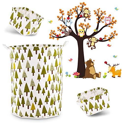 Shiny Blue Woodland Nursery Decor Set (4pce) Laundry Basket, 2 Small Storage Baskets & Forest Animal Wall Decal - Tree Print Laundry Hamper & Storage Bins - DIY Wall Decal Sticker - Woodland Decor