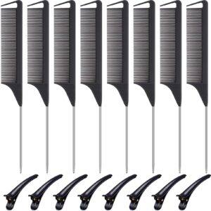 16 pieces parting comb sectioning clips set, carbon stainless rat tail combs pintail comb and duckbill hairpin barber teasing parting styling combs for hair styling hairdressing (black)