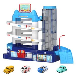 Race Car Track Garage Toy - 2 in 1 Electric 3-Story Parking Building with Elevator, Light & Sound, 4 Mini Cars, Toy Vehicle Play Set for 3 4 5 6 Years Old Boys Girls Kids Toddlers