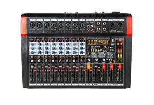 audio2000's amx7373 eight-channel audio mixer with 320 dsp sound effects, stereo sub out with sub-out level-control fader, level-control faders on all channels, and usb/computer interface