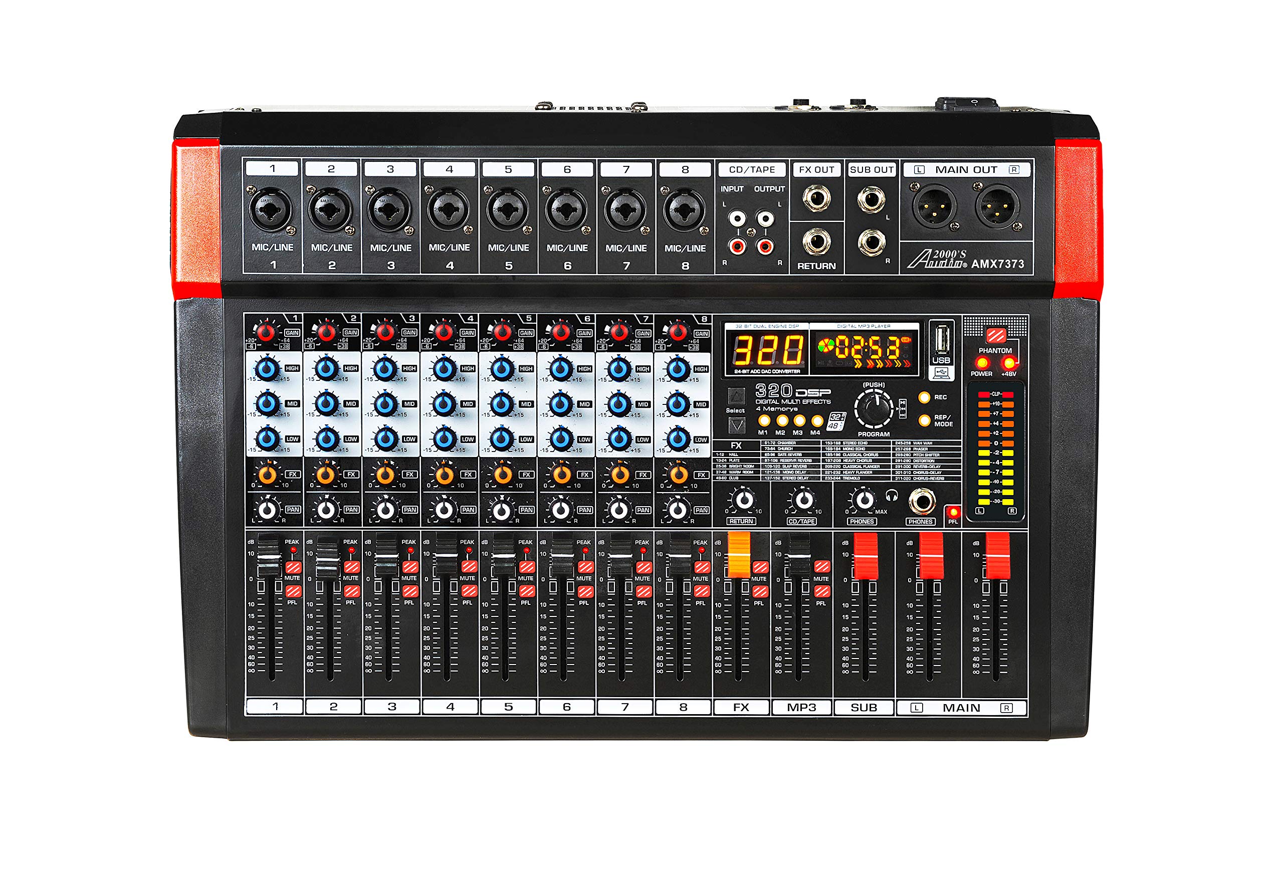 Audio2000'S AMX7373 Eight-Channel Audio Mixer with 320 DSP Sound Effects, Stereo Sub Out with Sub-Out Level-Control Fader, Level-Control Faders on All Channels, and USB/Computer Interface