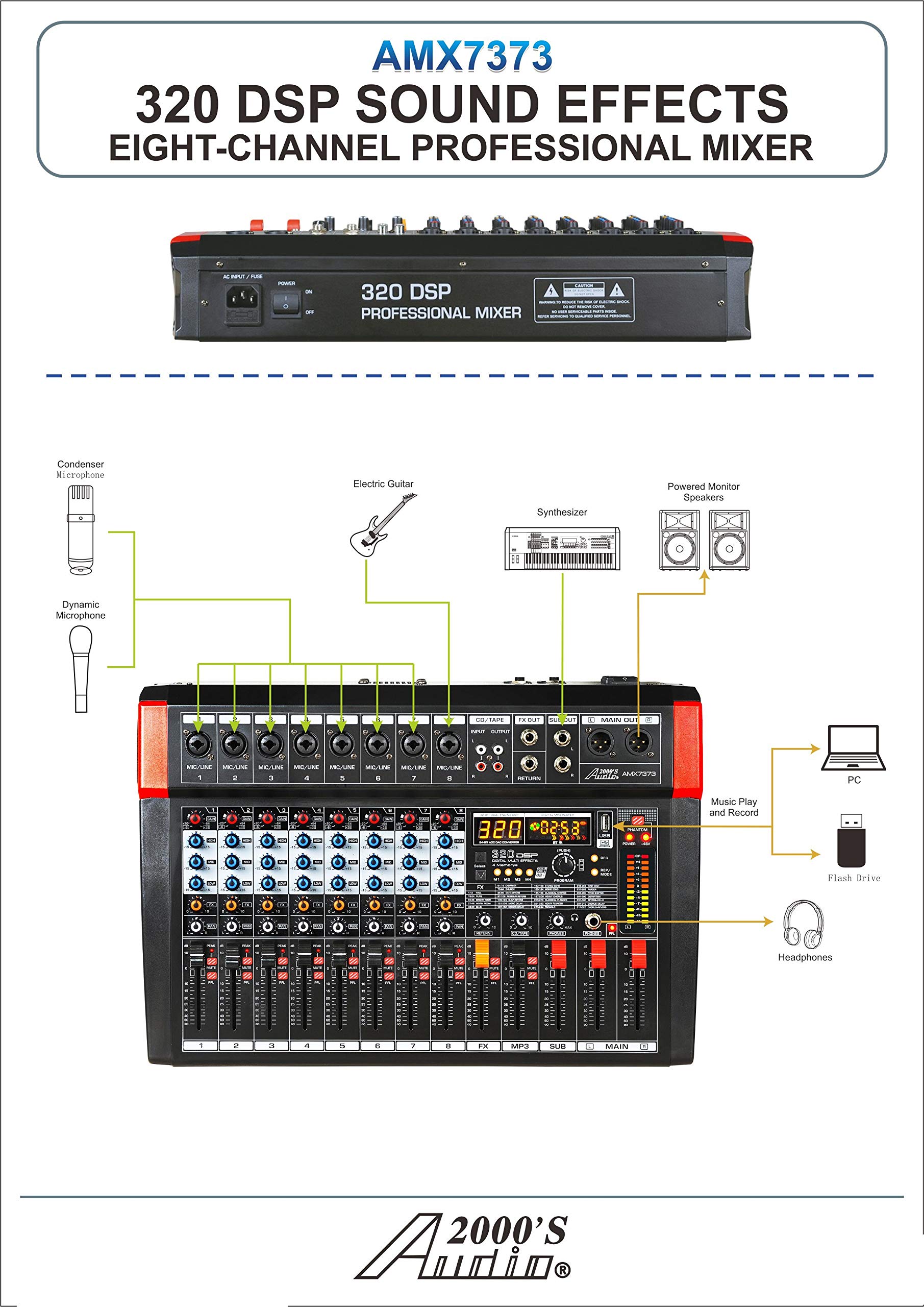 Audio2000'S AMX7373 Eight-Channel Audio Mixer with 320 DSP Sound Effects, Stereo Sub Out with Sub-Out Level-Control Fader, Level-Control Faders on All Channels, and USB/Computer Interface