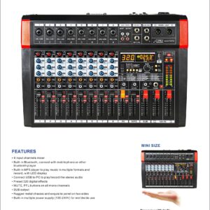 Audio2000'S AMX7373 Eight-Channel Audio Mixer with 320 DSP Sound Effects, Stereo Sub Out with Sub-Out Level-Control Fader, Level-Control Faders on All Channels, and USB/Computer Interface