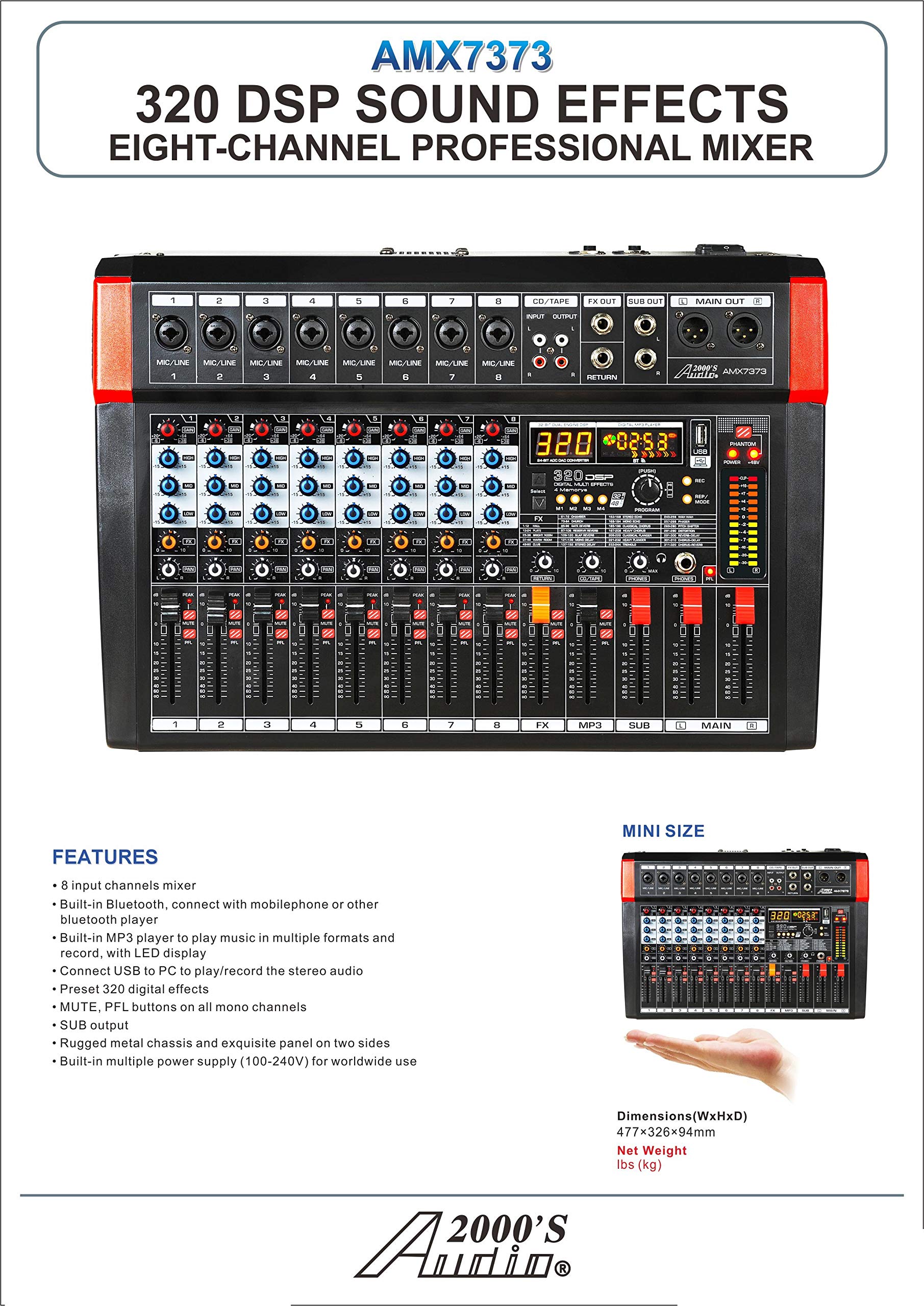 Audio2000'S AMX7373 Eight-Channel Audio Mixer with 320 DSP Sound Effects, Stereo Sub Out with Sub-Out Level-Control Fader, Level-Control Faders on All Channels, and USB/Computer Interface