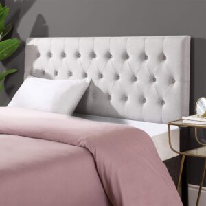 zinus trina upholstered headboard / button tufted upholstery / adjustable height / easy assembly, light grey, queen