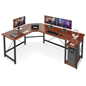 coleshome l shaped computer desk 66" with storage shelves, corner gaming desk, sturdy writing desk workstation, modern wooden desk office desk, wood & metal, teak